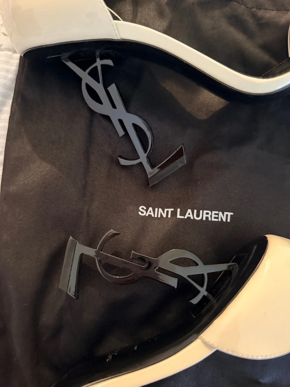 Saint Laurent Cream Patent Leather YSL-Heel Sandals